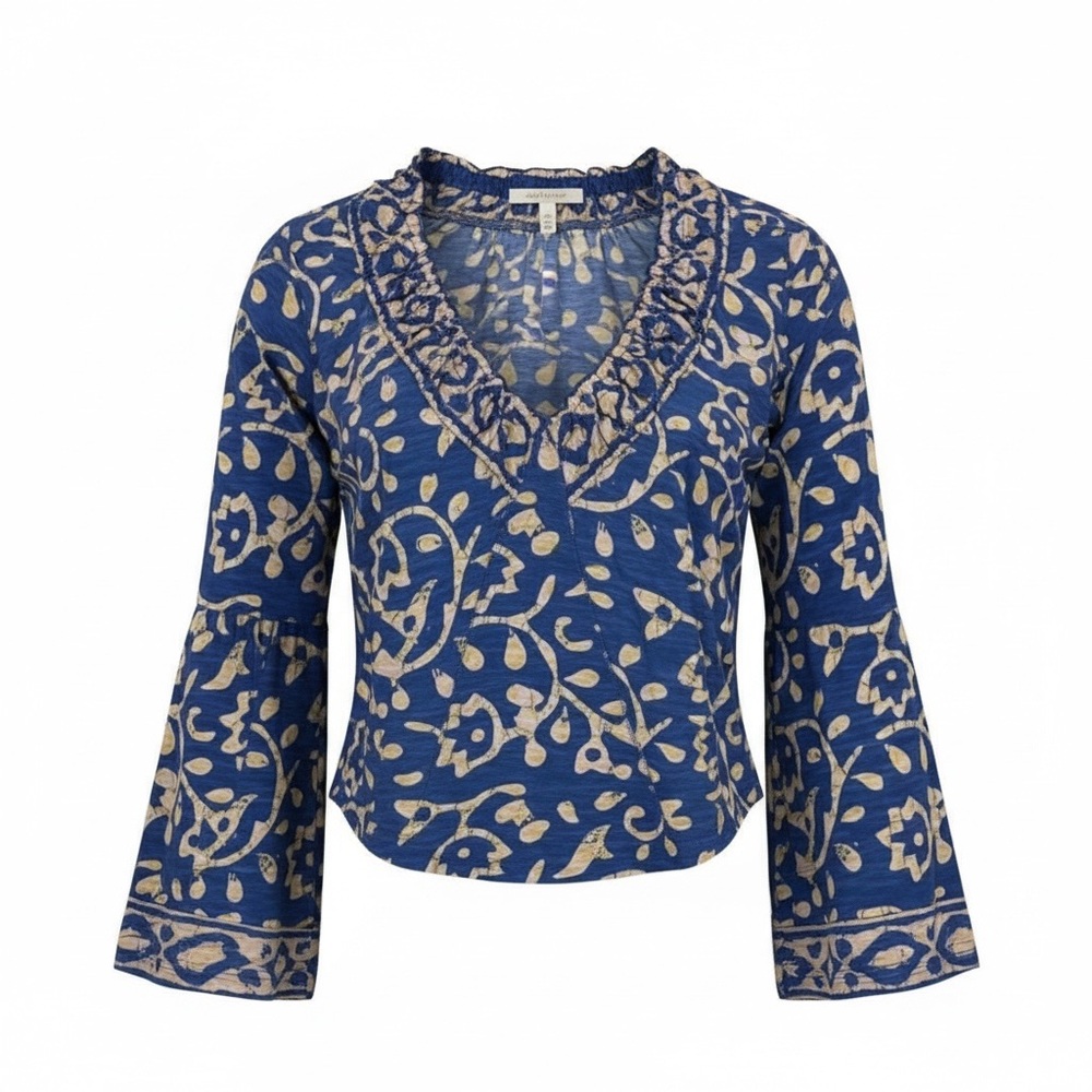 Free People On The Block Printed Wide Sleeve Top Medium Blue Boho Festival NWT